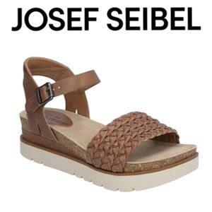 JOSEF SEIBEL CLEA 16 CAMEL BRAIDED LEATHER PLATFORM ANKLE STRAP SANDALS